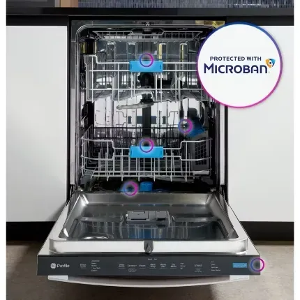 photo of an open dishwasher and a caption that says Protected with Microban